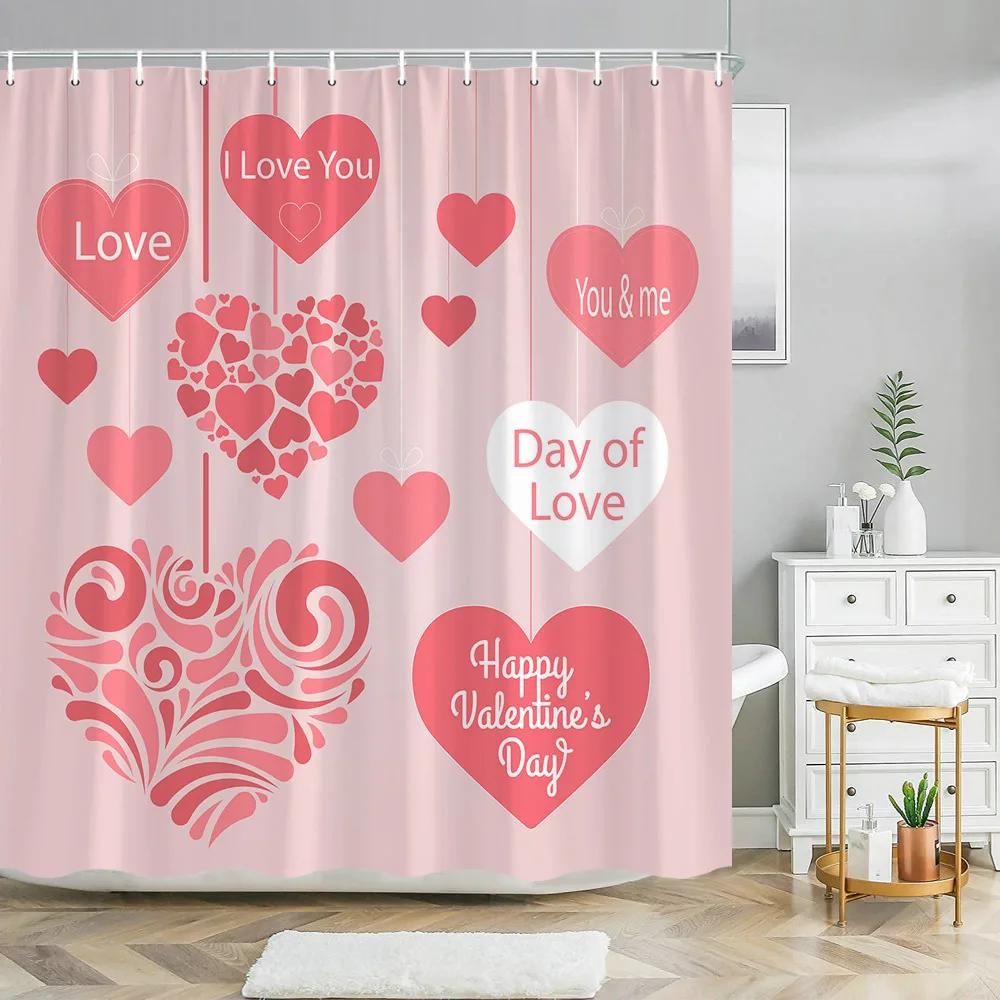 Valentine's Day Shower Curtain Love Tree with Elf Truck Romantic Pink Swing Balloon Love Polyester Printed Fabric Bathroom Decor