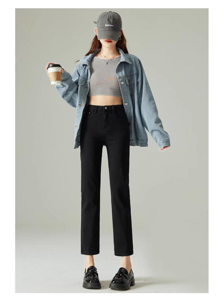 Women's High Waist Slimming Black Cigarette Jeans - Spring 2025 Collection, Stretch Cropped Straight Leg Pants