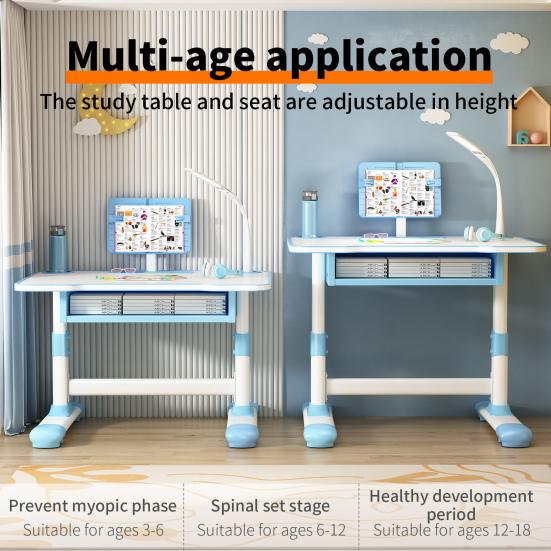 Set Scrivania Studio e Sedia per Bambini, Tavolo da Scrittura Regolabile in Altezza per Bambini Piccoli con Supporto Regolabile per Lettura, Luce LED per Studio, Soggiorno Camera da Letto Extra per Bambini