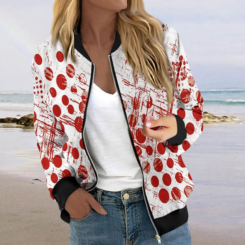 Jacken für Damen, langärmelig, leicht, mit Reißverschluss, kurzärmelig, bedruckt, lässige Steppjacken mit Taschen