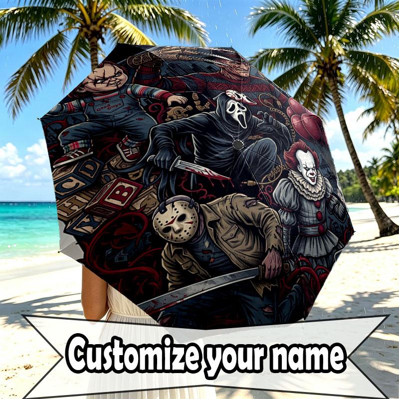 Custom Name Personalized Horror Theme Chucky Print Umbrella, Auto Open Close, 8‑Rib Sturdy Frame, Commute Camping Hiking Use, Birthday Gift