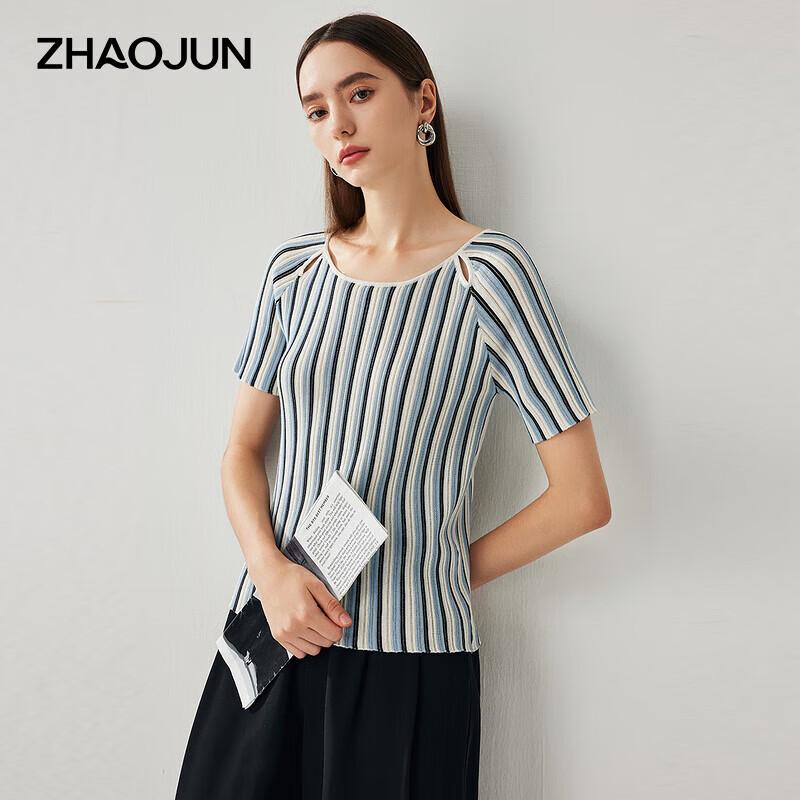Women s Round Neck Striped Mulberry Silk Blend Knit T-Shirt M