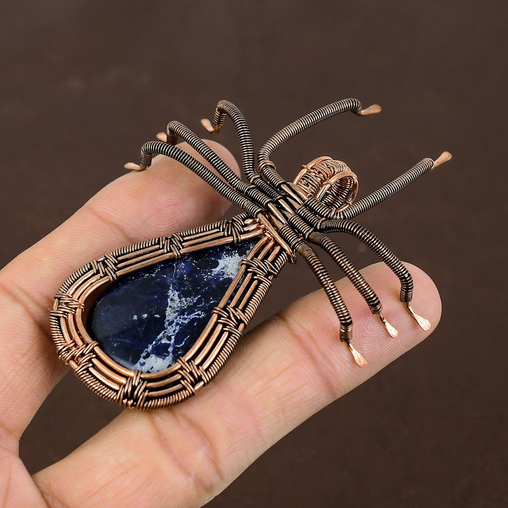 Natural Sodalite Gemstone Handmade Copper Wire Wrap Spider Pendant 2.56" I0J54
