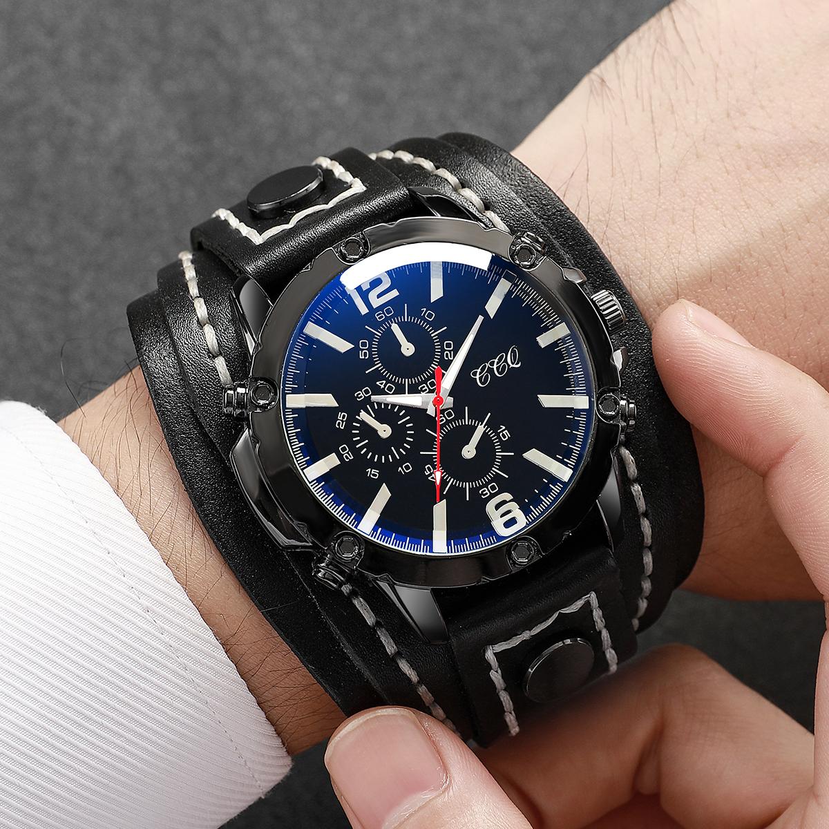 Fashion Men s Watch Three Eyes Blue Dial Leather Strap Casual Sports Style Quartz Watch