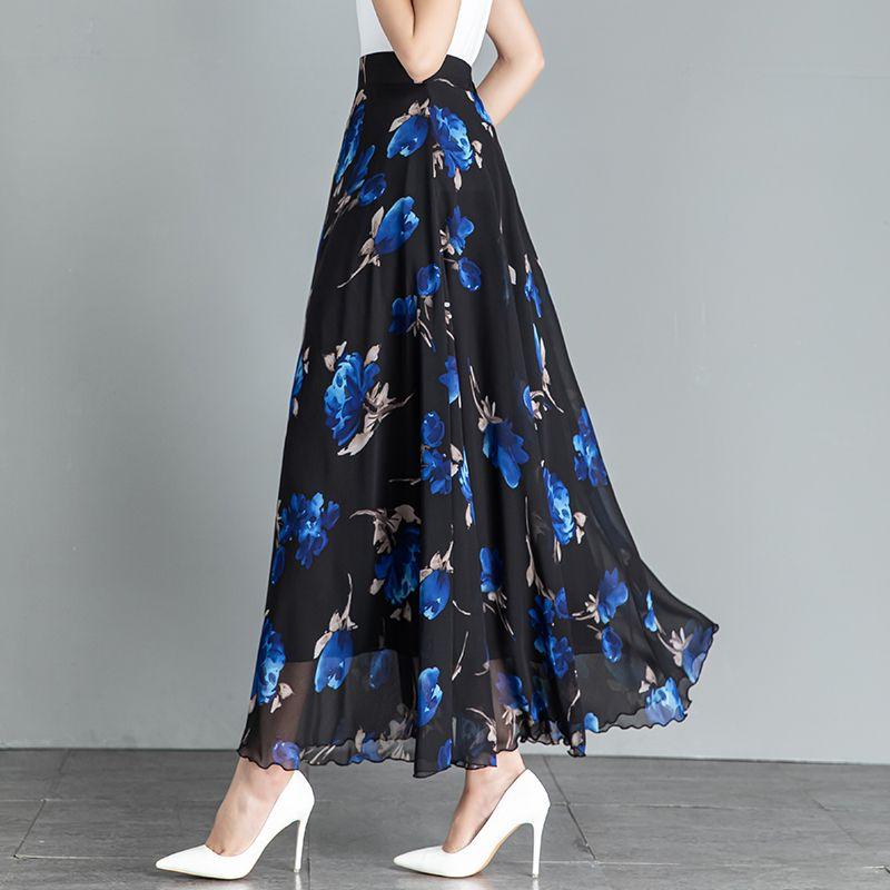 New Summer Retro Ethnic Style Ink-print Chiffon Skirt Women's Long Skirt High Waist A-line Skirt
