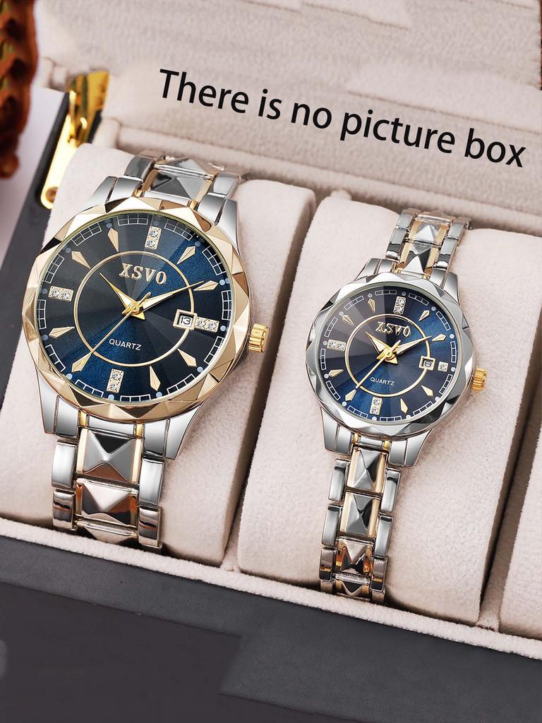 New Elegant Quartz Watch Couple's Watch Blue Disc with Diamond Calendar Functional Steel Chain Quartz Watch Set Daily Match