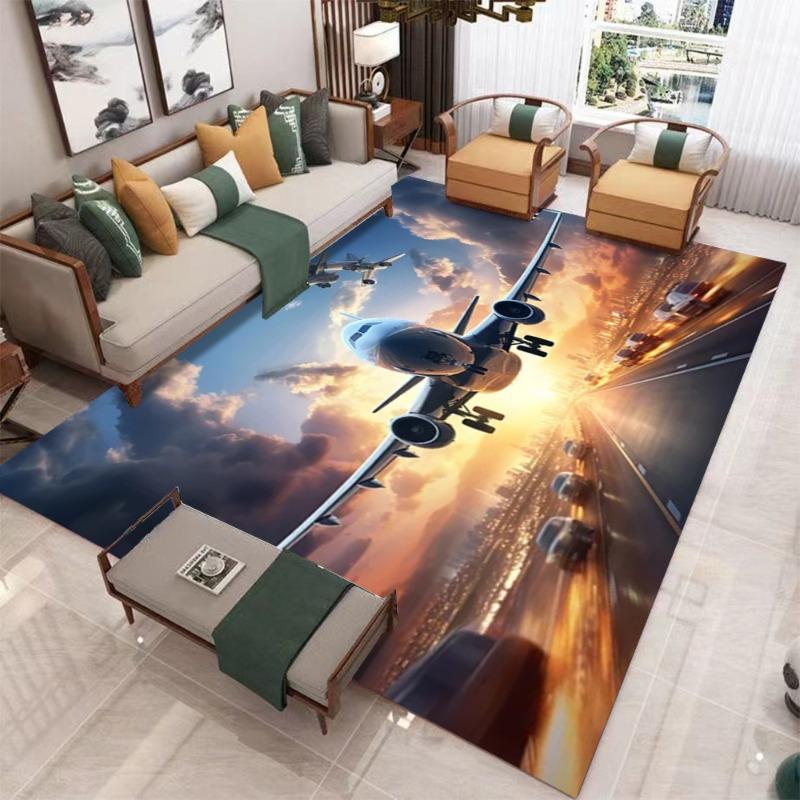 Large Airplane Take off Carpet Pink Purple Gradient Sky Clear Runway Details Living Room Area Rug Match Light Gray Home Decor