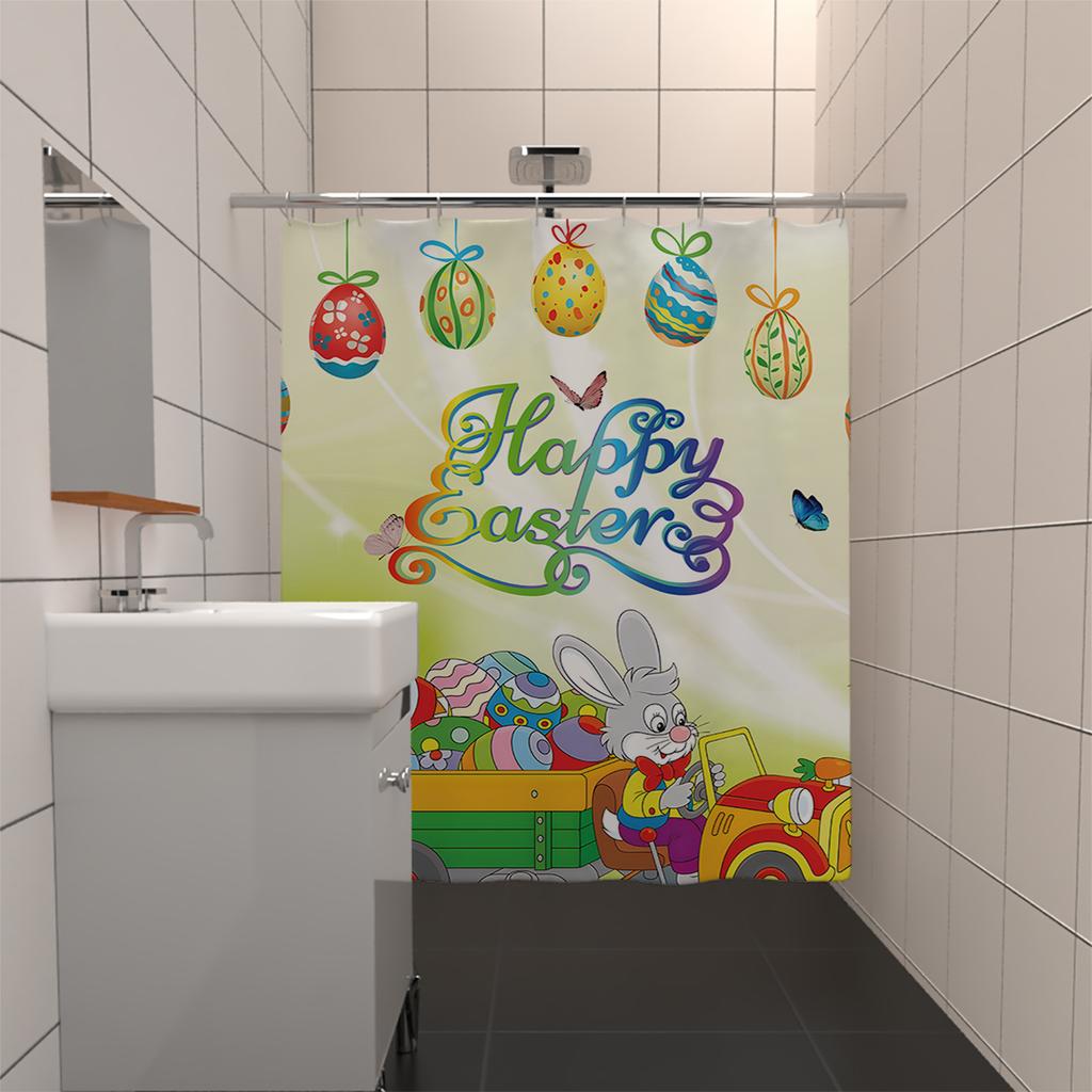 1PC Easter Bunny Easter Egg Decoration Shower Curtain, Playful rabbit theme With 12 hooks,Spring Holiday Bathroom Decoration