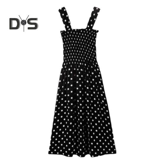 

Летнее женское платье в горошек без рукавов с эластичным бюстом с квадратным вырезом трапециевидной формы с большим подолом плиссированное платье до середины икры для свиданий и покупок миди-платье L чёрный