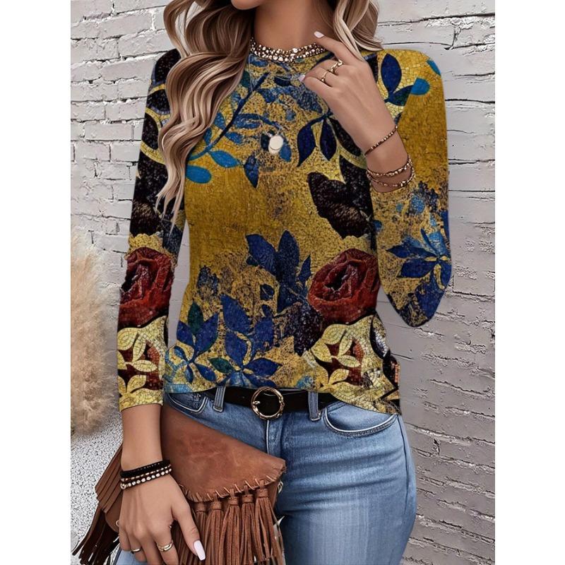 2026 New Women's Fashionable Long-Sleeved T-Shirt with Retro Floral Pattern, Perfect for Everyday Wear and Stylish Outfits