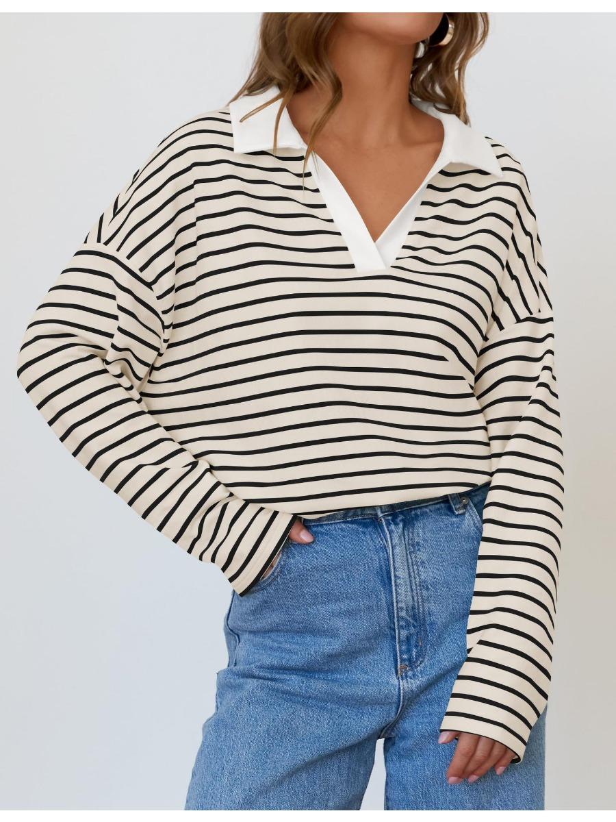 Женская осенняя полосатая футболка свободного покроя с длинными рукавами и V-образным — фото 4