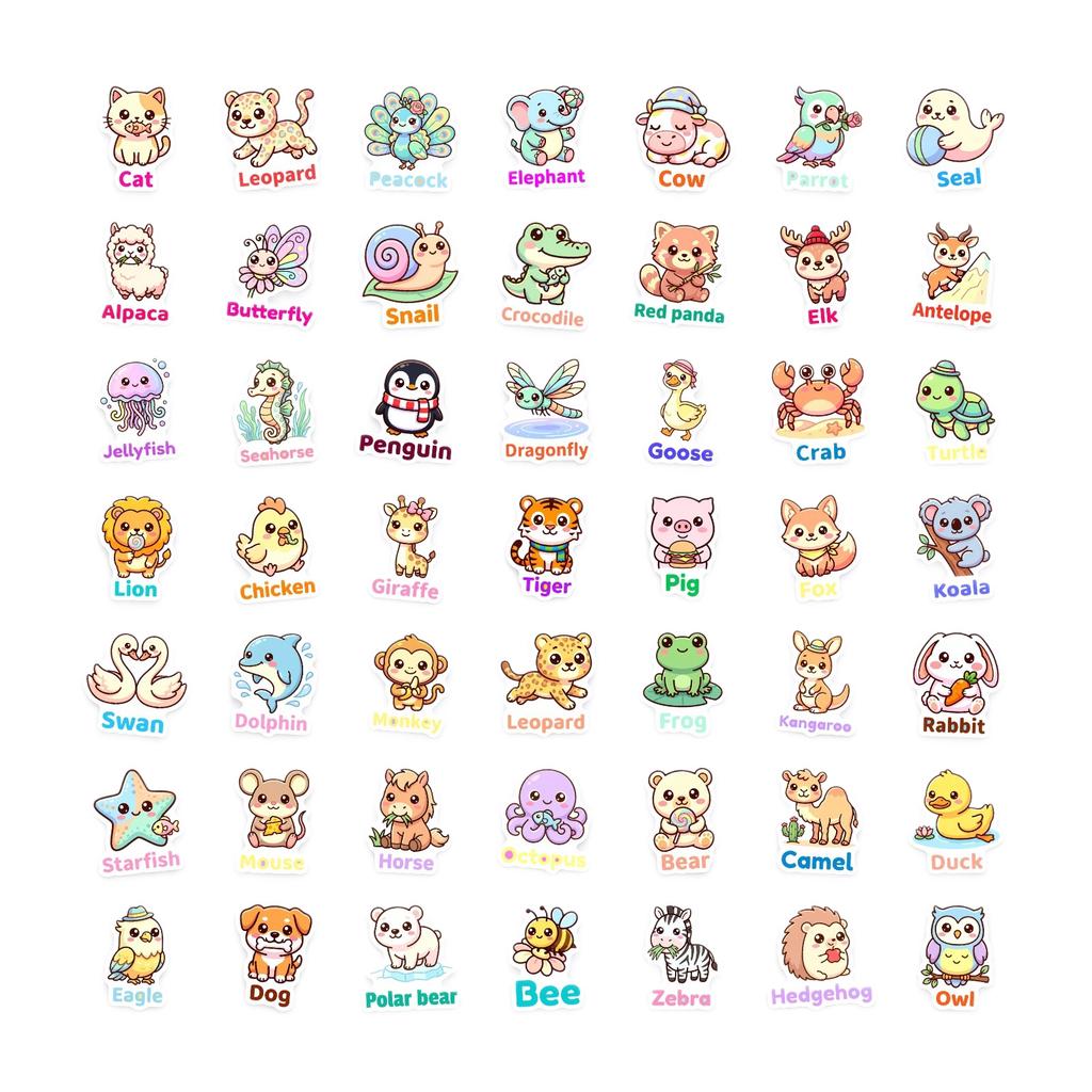 50 Cute Cartoon Animal Stickers Children'S Hand Account Decoration Waterproof Stationery Stickers Creative Stickers Small Fresh