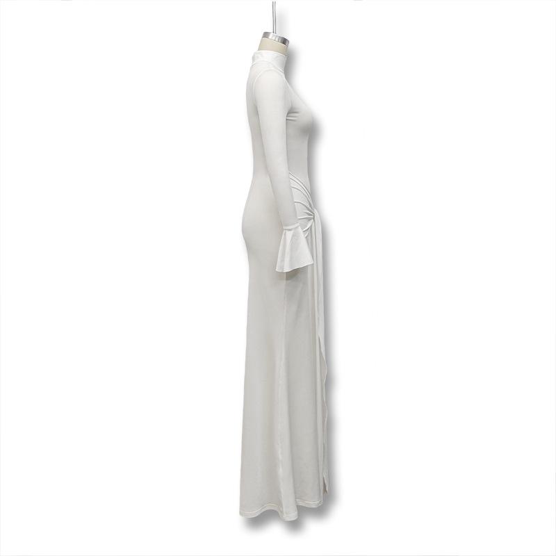European & American Women's Fashion 2024 Autumn/Winter Slimming Long-Sleeve Tie-Up Dress - Solid Color, Waist-Hugging & Hip-Wrapping Style