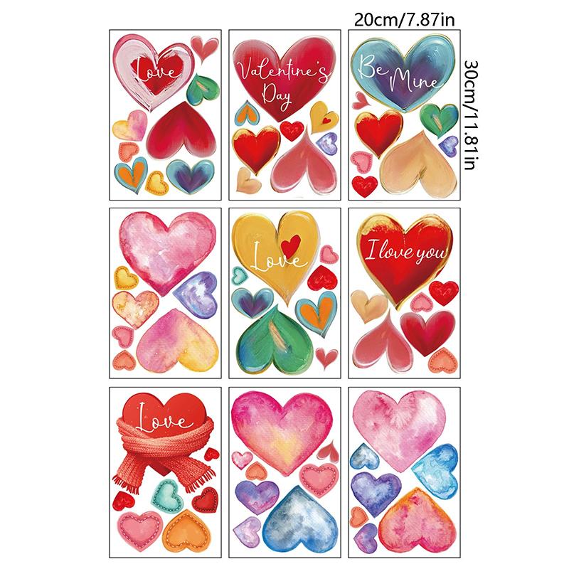 9Pcs 20X30Cm Valentine'S Day Window Stickers Cute Watercolor Red Heart Pattern Electrostatic Sticker Wedding Party Home Decor