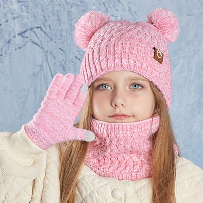 Kids Winter Hat Gloves Scarf Set Cold Weather Knitted Bear Hat with Pom Fleece Lined Neck Warmer Mitten Set for Girls Boys Ages 4-10