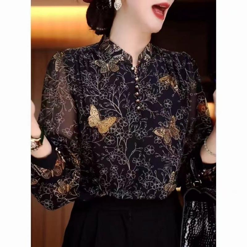 Fashionable Butterfly Print Stand-collar Shirt for Women In Autumn New Loose Women's Long-sleeved Pullover Bottoming Shirt