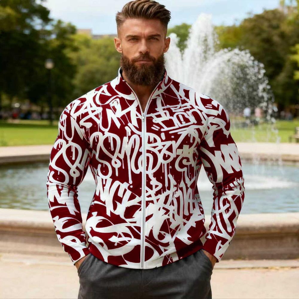Men's 2026 Casual Zip-Up Hoodie Geometic Print Color Block Lightweight Jacket Streetwear