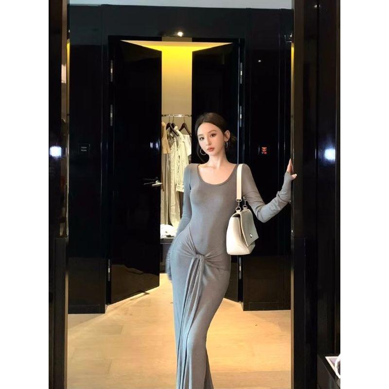 Kumikumi Pure Desire Style Sexy Temperament Lace-up Solid Long sleeve dress Women Autumn Waist Hugging Slimming A- line Skirt