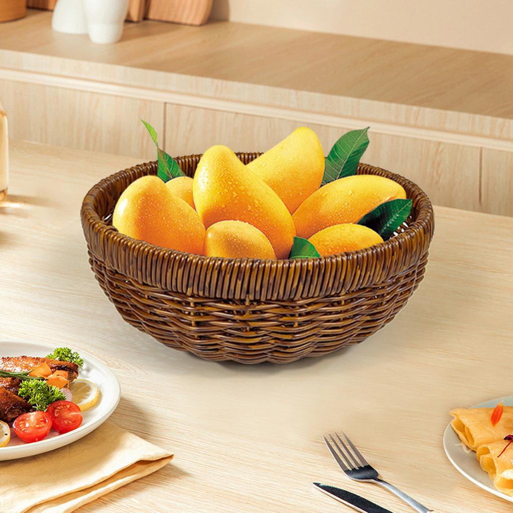 Round Rattan Style Storage Basket For Fruit Snack Bread In Living Room Kitchen