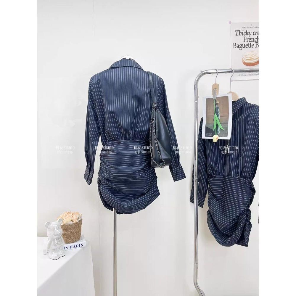 Rochie retro cu mânecă lungă și dungi, stil francez, cu temperament și talie subțire