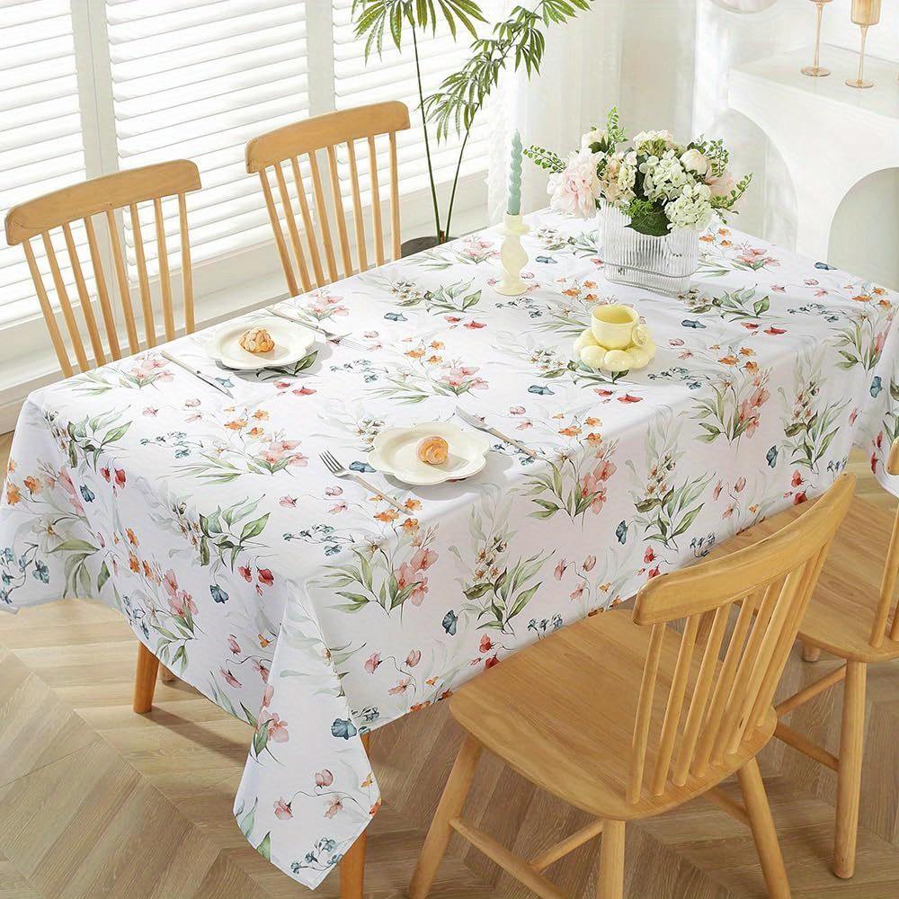 1Pc Floral Print Tablecloth White Botanical Flower Pattern Table Cover For Dining Room Kitchen Party Decor Rectangula