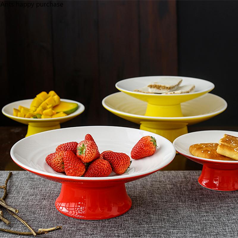 Ceramic Plate Fruit Tray Stilt Refreshment Tray Hand Painted Plum Decoration Plate Dessert Snack Dishes Salad Bowl Tableware