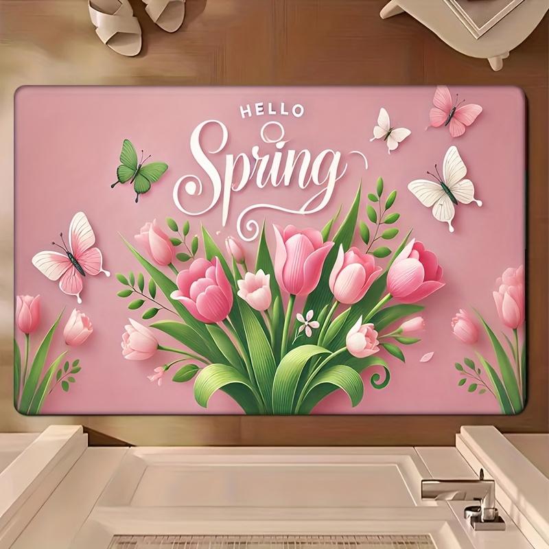 1Pcs Anti Fatigue Kitchen Rugs,  Pink Spring Tulip Print Waterproof Non-Slip Thick Cushioned Kitchen Mat Heavy Duty Comfort Standing Mat for Kitchen