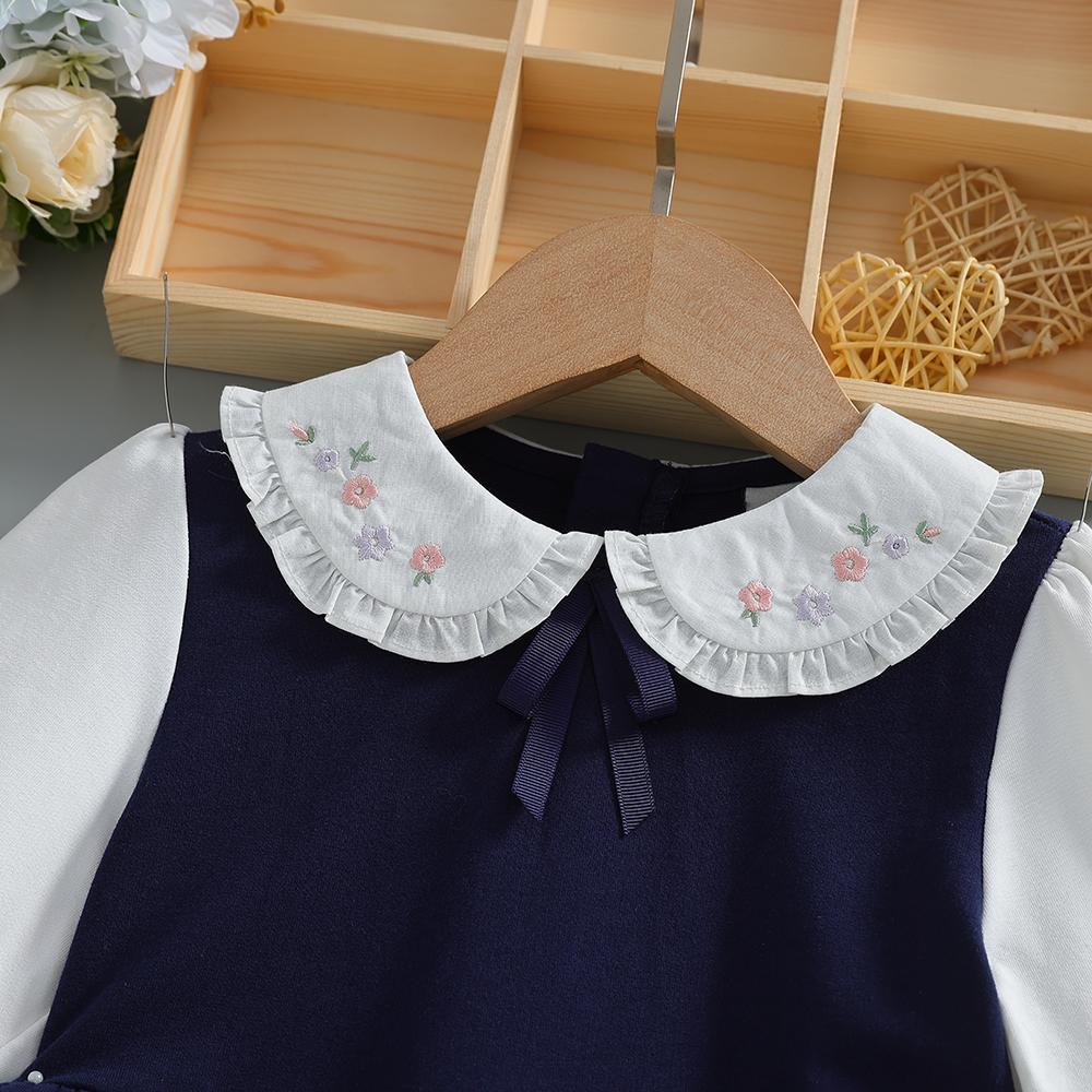 Toddler Girls' School Style Dress Navy Blue White Ruffle Collar Puff Long Sleeves 2-6 Years Kids Dress