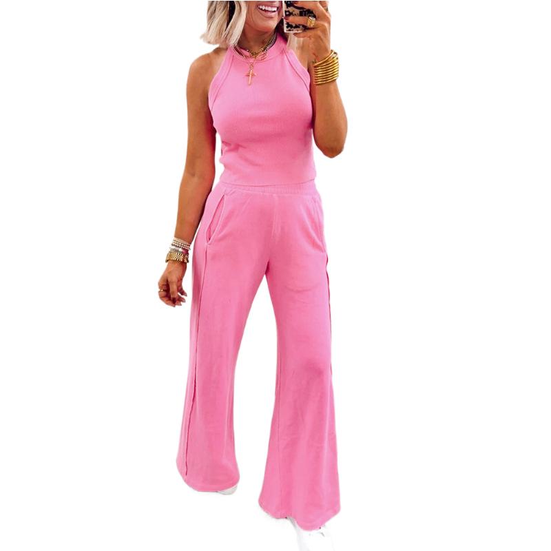 Shi Ying Women s Sleeveless Knit Two-Piece Set: High-Waisted, Solid Color, Elegant Trousers Suit Large розовый