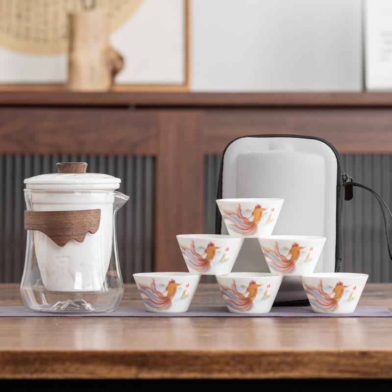 Jade porcelain travel tea set, a pot of six cups set, gifts for the company's business annual meeting, gifts for leaders, teachers, and fathers