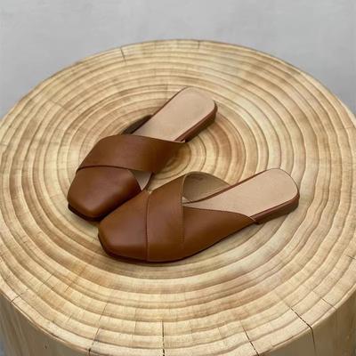 Genuine Leather Soft Sole Flat Slippers 2024 Summer New Retro Solid Color Outside Slides Versatile Women's Shoes