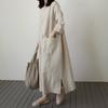 Korean version of chic cotton and linen medium and long dress for women, loose meat covering large size fashion large pocket casual dress