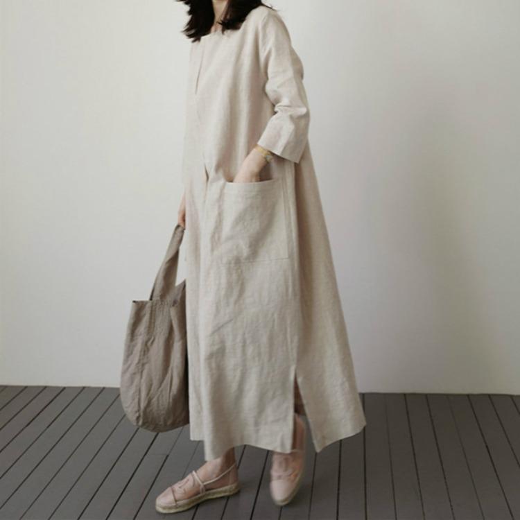Korean version of chic cotton and linen medium and long dress for women, loose meat covering large size fashion large pocket casual dress