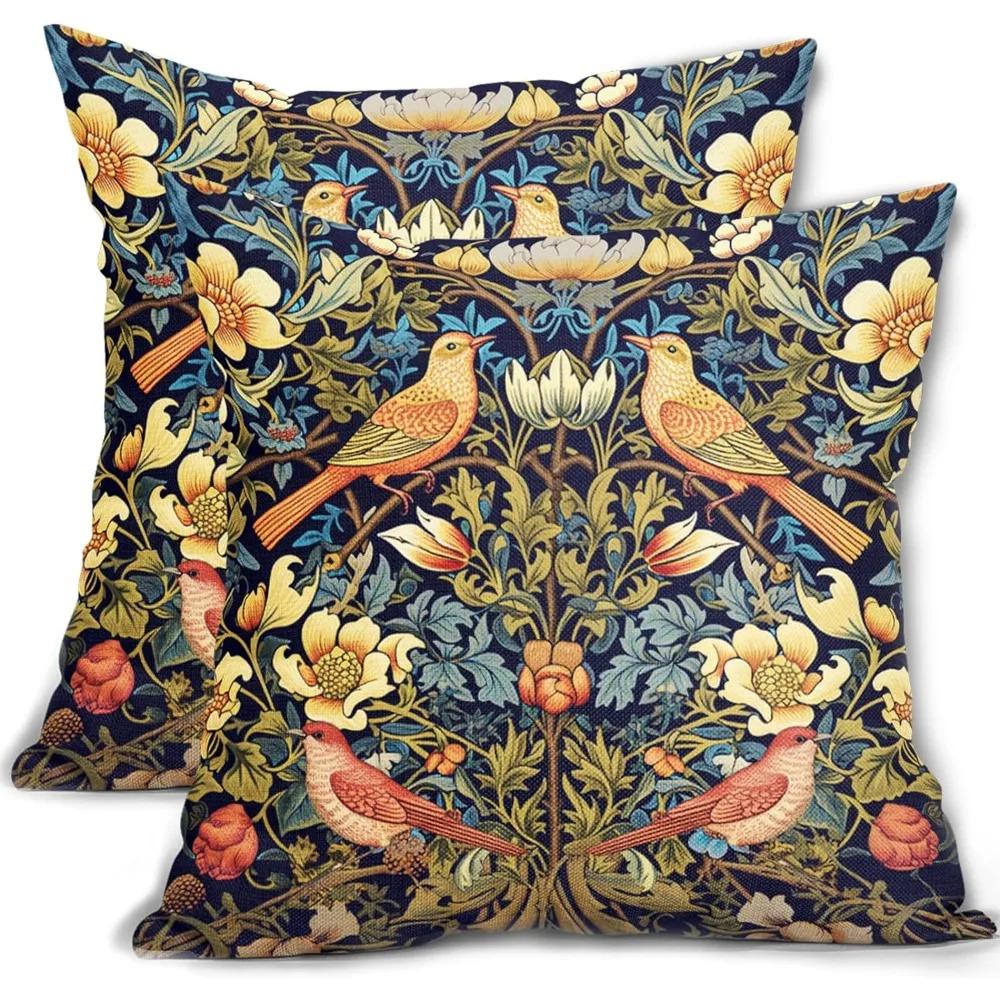 

Green Blue and Yellow Floral Pillow Covers 18x18 Inch Set of 2 Flower and Bird Cotton Linen Square Pillows Cases Cushion Covers 12x12Inch