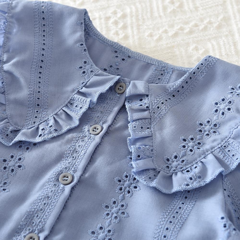 Blue Embroidered Flower Kids Clothes Girls Autumn Long Sleeved Lapel Single Breasted Shirt Top+Short Skirt 2Pcs Set