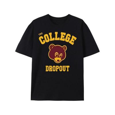 Europäische Größen Herren College-Dropout Grafik-T-Shirt - Kräftiger Bär & THE COLLEGE DROPOUT Aufdruck, Schwarz mit Gelber & Roter Schrift, Rundhals Regular Fit