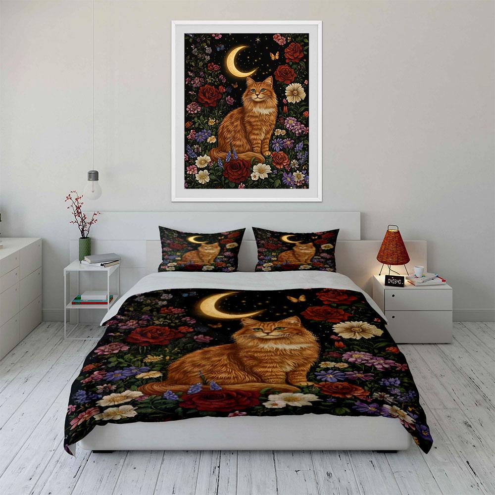 Cat, crescent moon, flowers. Bedding sets Duvet cover sets Duvet covers Pillowcases(1 * Duvet Cover 2 * Pillowcases without duvet insert)