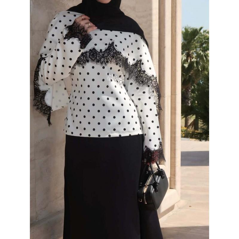 Womens Retro Long Sleeve Shirt Polka Dot Lace Patchwork Slim Fit Casual Top 2026