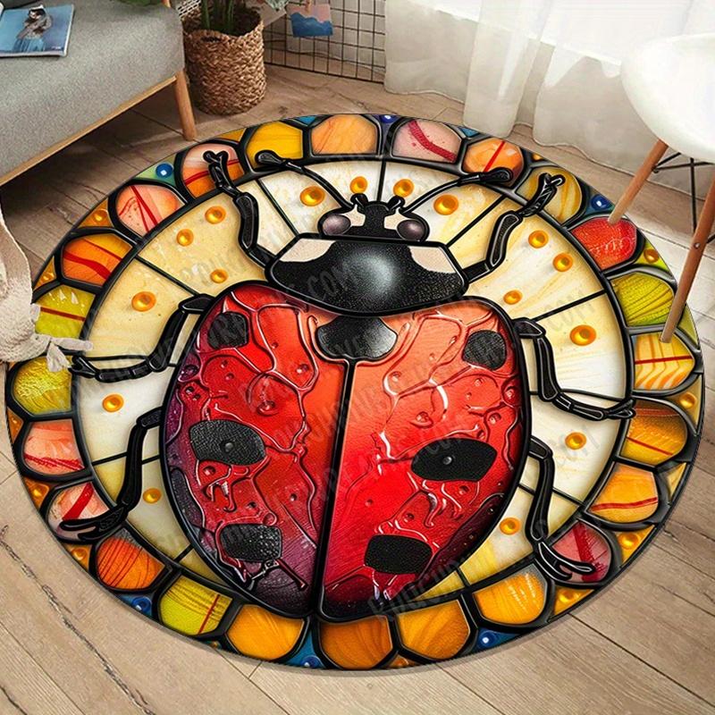 

Stained Glass Ladybug Round Rug Colorful Insect Art Design Vintage Window Style Floor Mat Unique Home Decor crystal fleece 60cm x 60cm