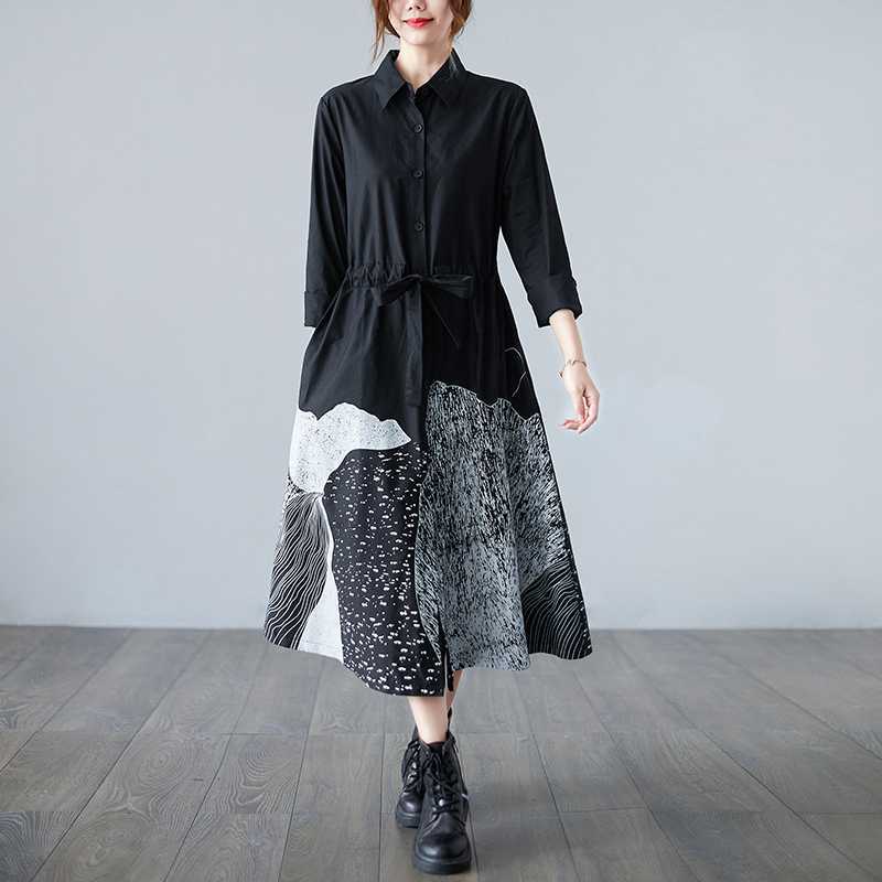 

Модное лоскутное платье-рубашка для женщин с коротким рукавом, на шнуровке, с большим рисунком, повседневное длинное платье, ретро-блузка, юбка, женская L чёрный