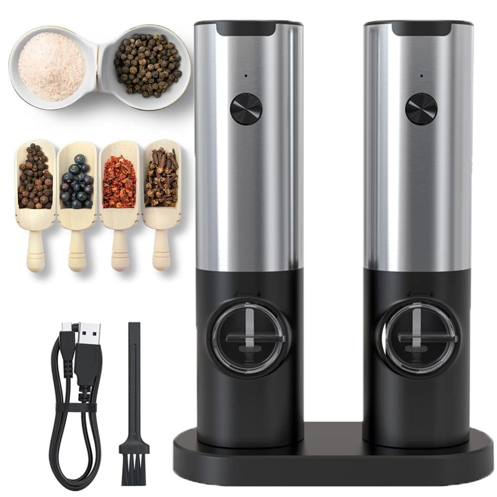 Electric Salt and Pepper Grinder Set USB Rechargeable With Charging Base Automatic Black Peppercorn and Sea Salt Spice Mill Set