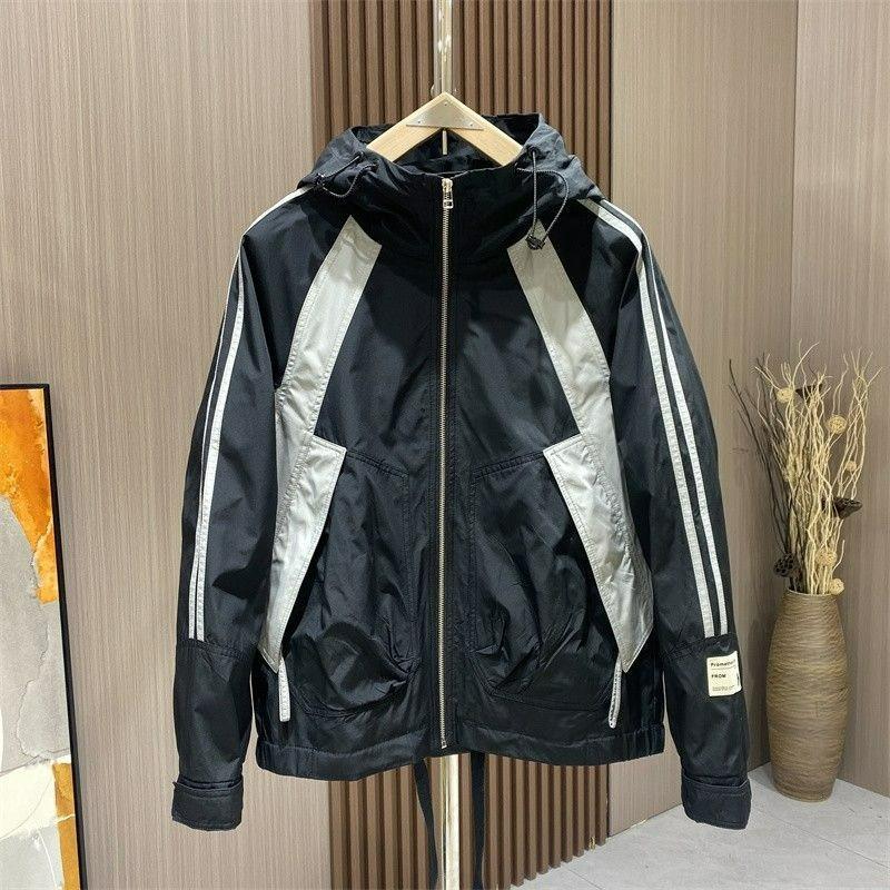 

Spring and Autumn Color Matching Striped Hooded Jacket Men s Ruffian Handsome Jacket Fashion Personality Handsome Casual Jacket 3XL чорний