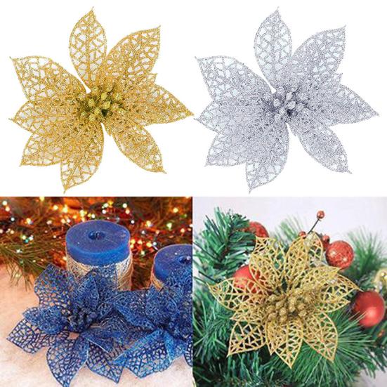 5Pcs Glitter Hollow Artificial Christmas Flower Ornament Xmas Tree Garland Decor