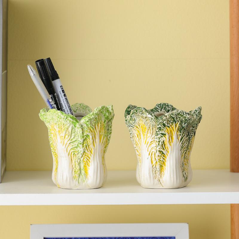Creative Cabbage Shape Ceramic Makeup Brush Holder Cute Bok Choy Cosmetic Organizer Cup Desk Pen Pencil Pot Table Vanity Decor