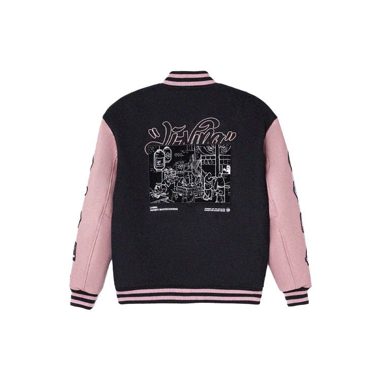 Li-Ning Embroidered Pattern Color Block Fleece Baseball Jacket Men jackets Black AJMR025-2