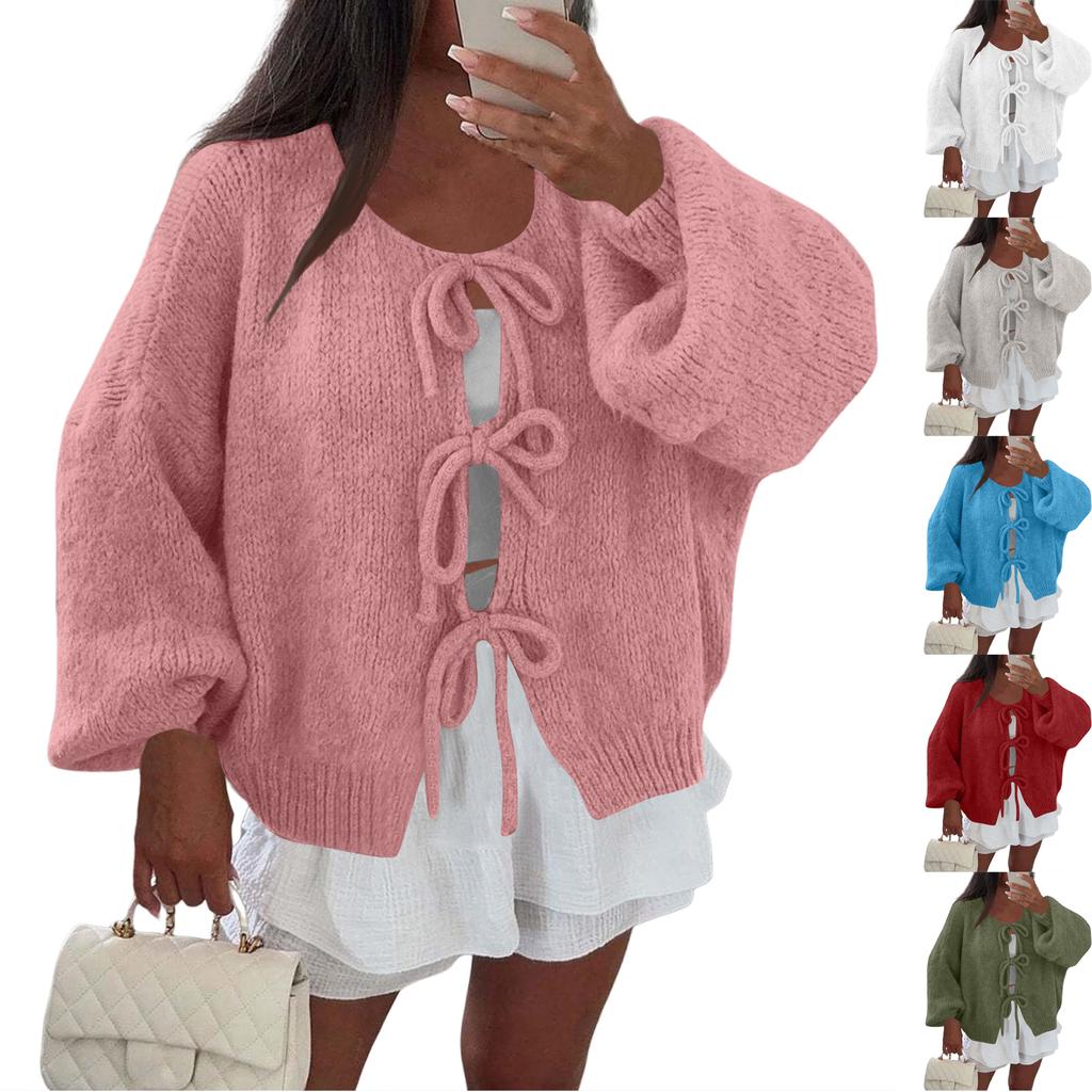 Women‘s Round Neck Long Sleeve Lace-Up Fitted Cardigan Coat