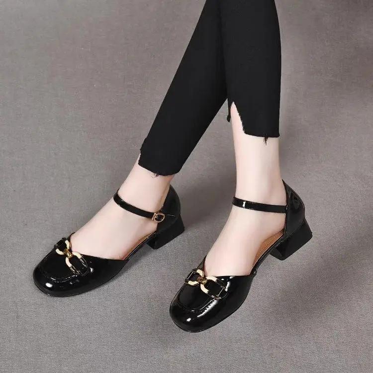 Fashion Block Heel Ladies Footwear Cute Metal Decoration Women's Shoes Chunky Heels Luxury Leather Casual Low Elegant Round Toe Kawaii E