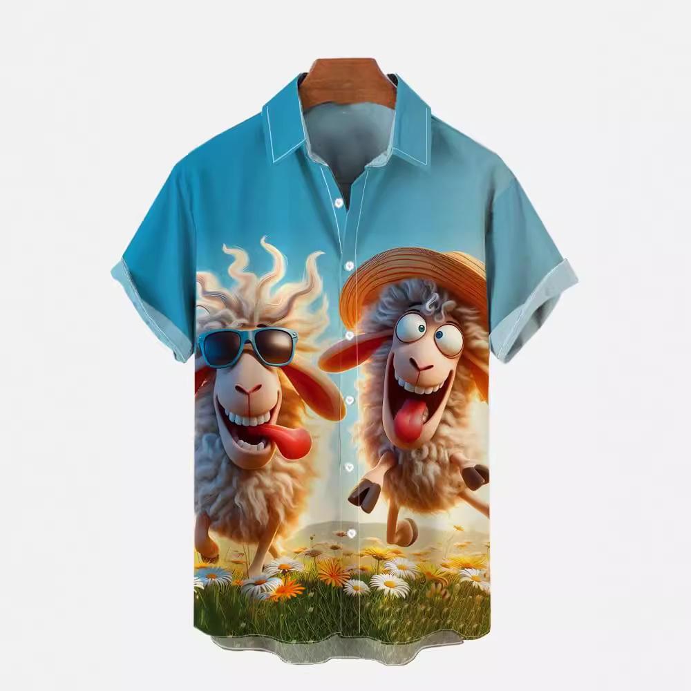 Men's Hawaiian Shirt Street Tide Hip Hop Lamb Cock 1D Digital Printing Short Sleeve Tops Wholesale
