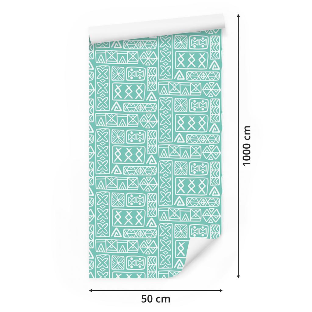 Polynesian Geometric Pattern Wallpaper Mint and Sea 50x1000