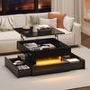 Table basse 65 x 65 x 38,5 cm relevable finition laquée brillante avec bande lumineuse LED, 2 tiroirs, design géométrique et rangement caché, Noir
